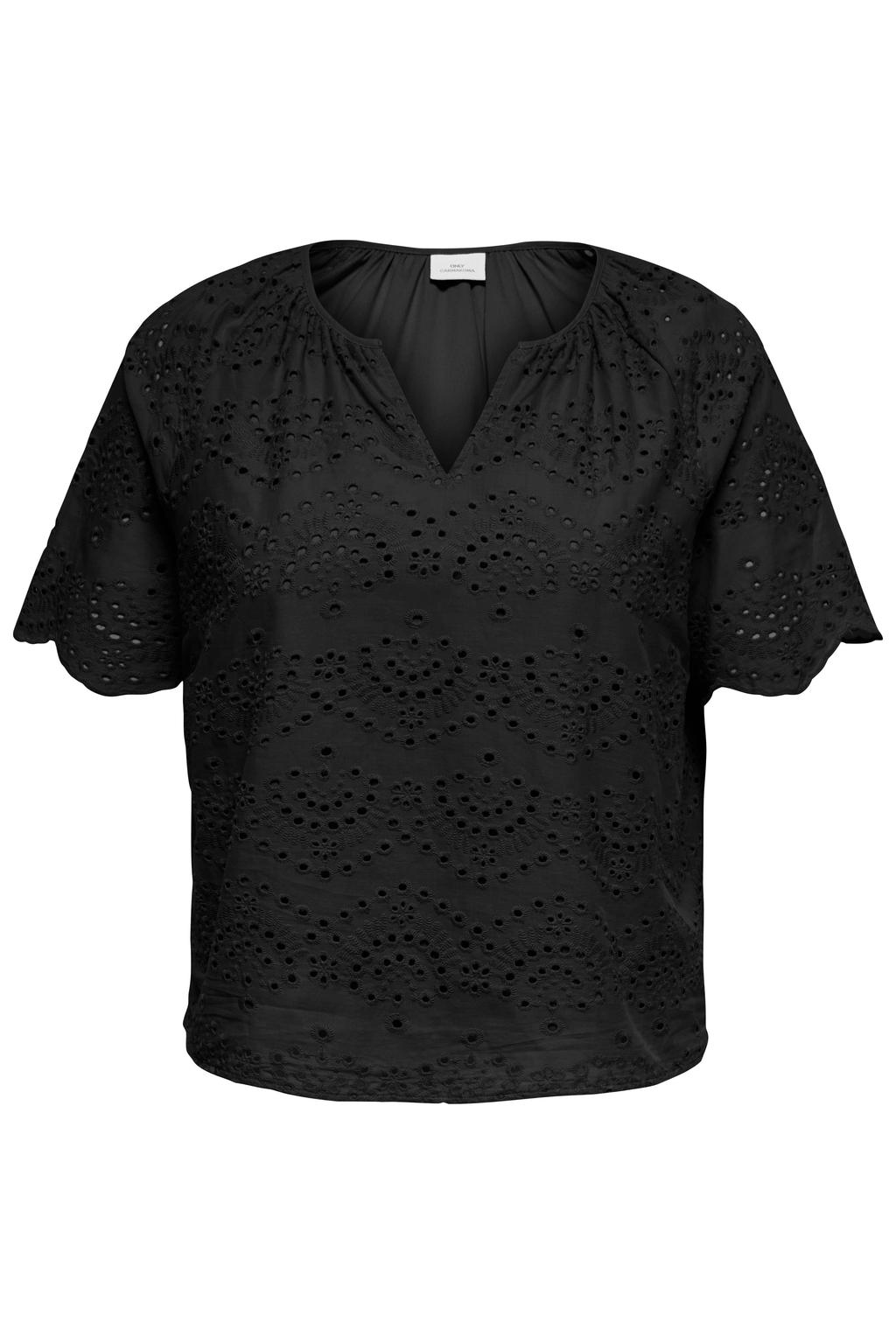 Zwarte dames ONLY CARMAKOMA top met effen, korte mouwen, V-hals en geweven detail