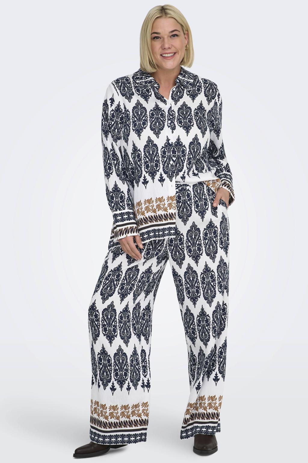 Donkerblauwe dames ONLY CARMAKOMA Carhavana Straight Pant Aop casual broek van viscose met loose fit, regular waist en elastische tailleband