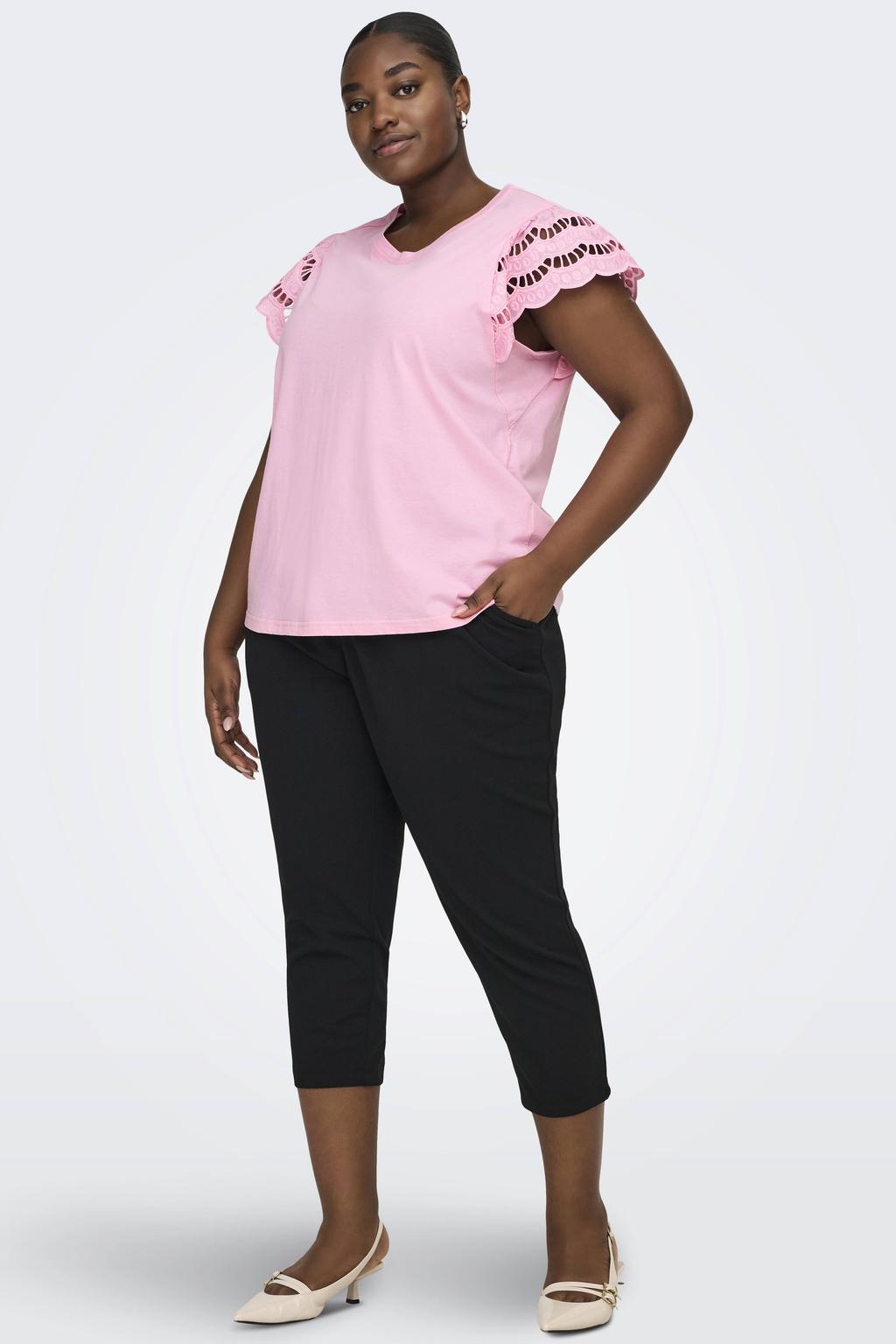 Roze dames ONLY CARMAKOMA top broderie met effen, korte mouwen en ronde hals