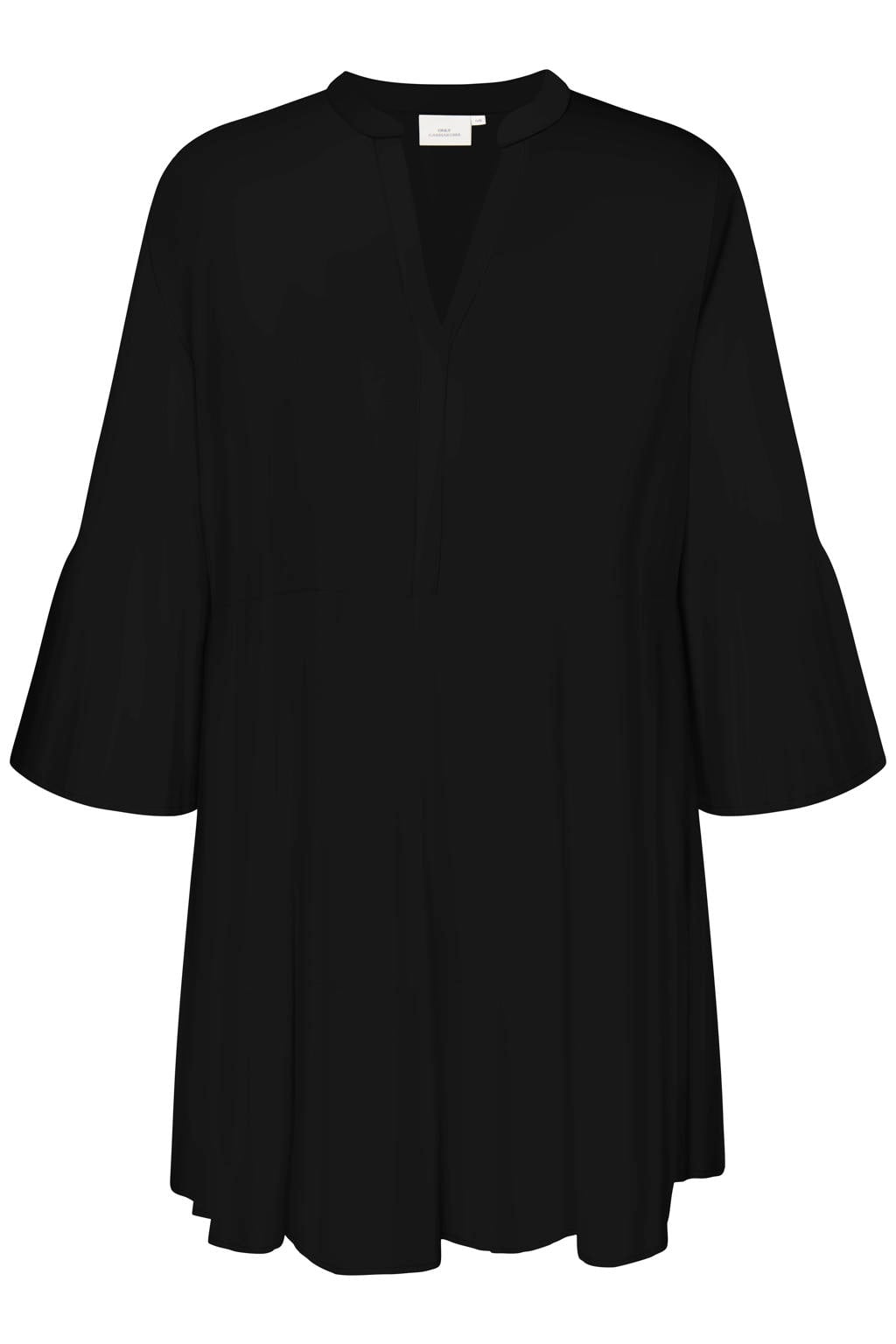 Zwarte dames ONLY CARMAKOMA korte blousejurk van viscose met effen, driekwart mouwen en V-hals