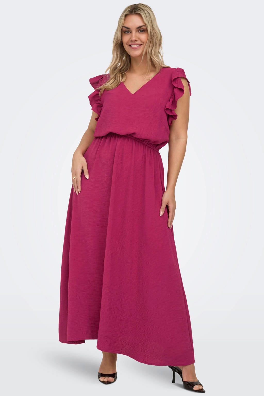Roze dames ONLY CARMAKOMA maxi jurk van polyester met effen, korte mouwen, V-hals en geweven detail