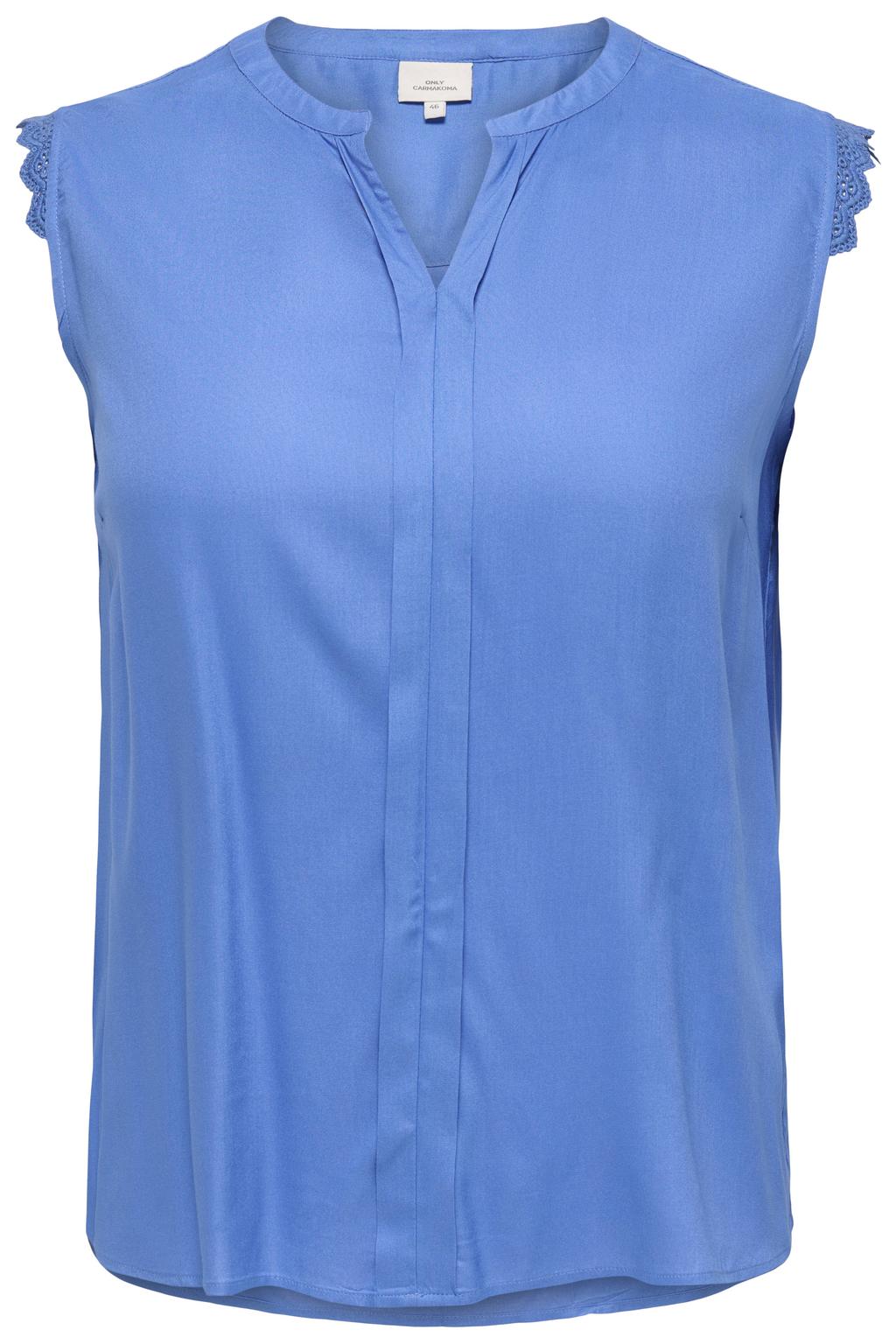Blauwe dames ONLY CARMAKOMA mouwloze top van viscose met effen, V-hals en kant