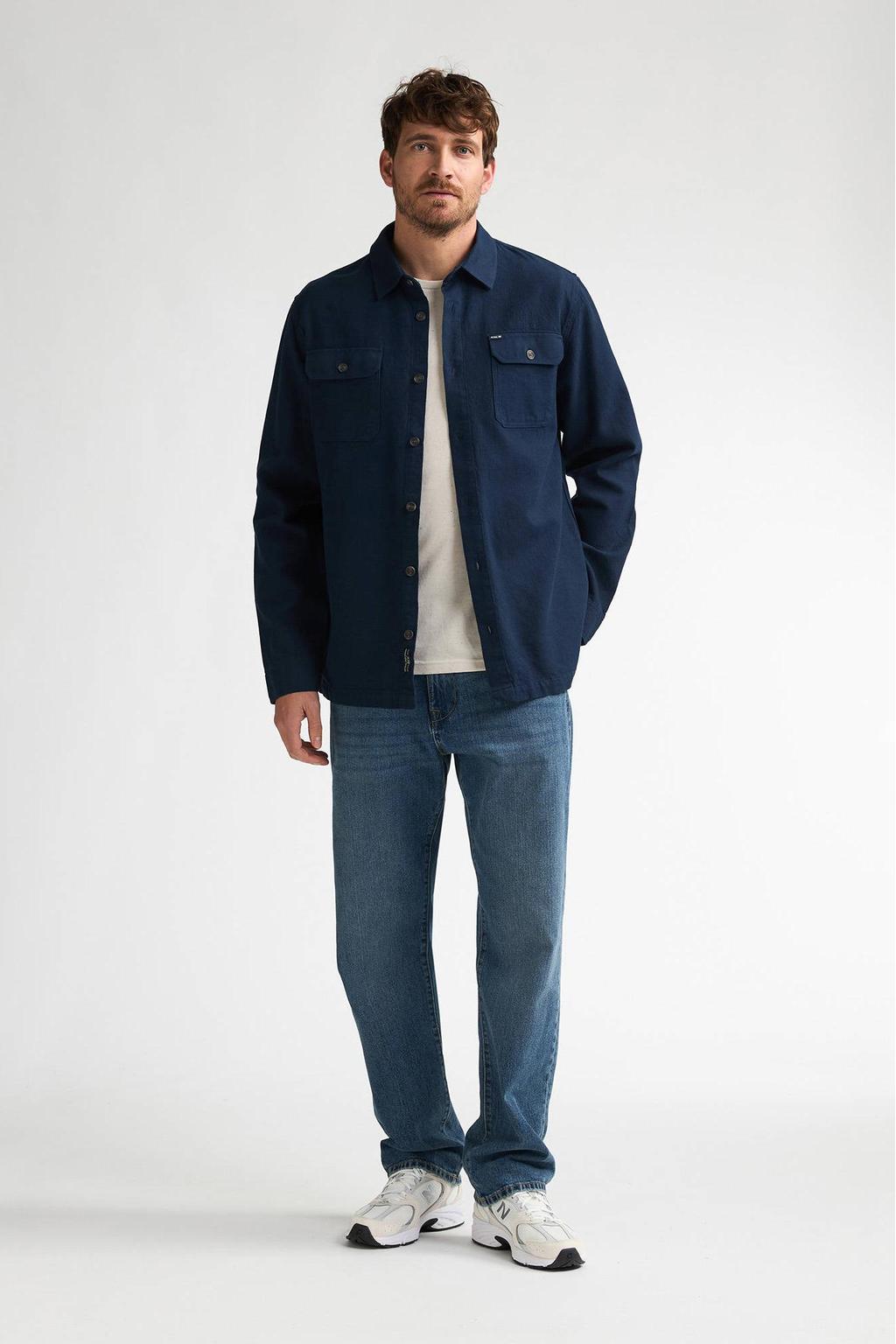 Donkerblauwe heren Petrol Industries regular casual overhemd van katoen met effen, lange mouwen, klassieke kraag en knoopsluiting