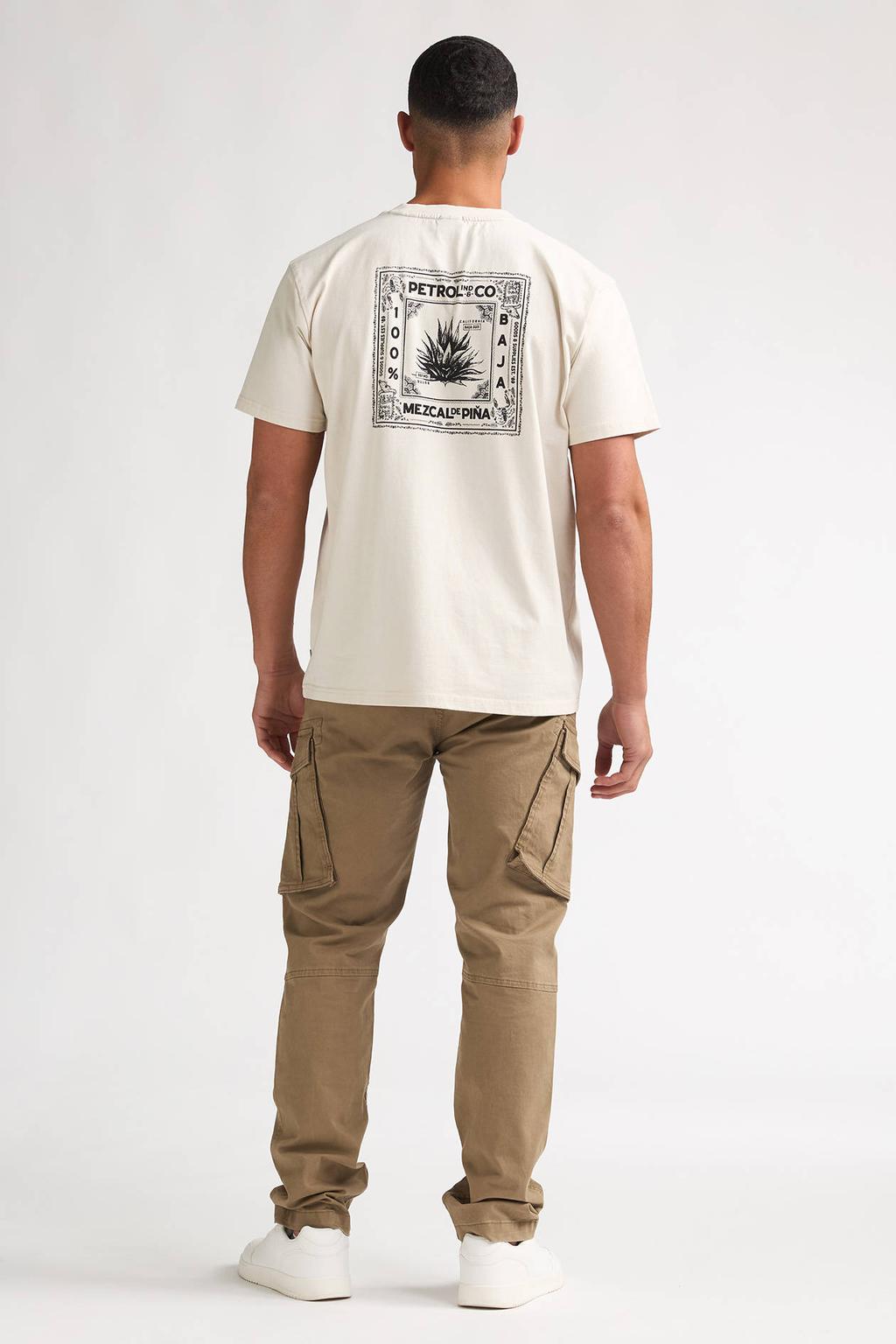 Ecru heren Petrol Industries regular T-shirt van katoen met backprint, korte mouwen en ronde hals