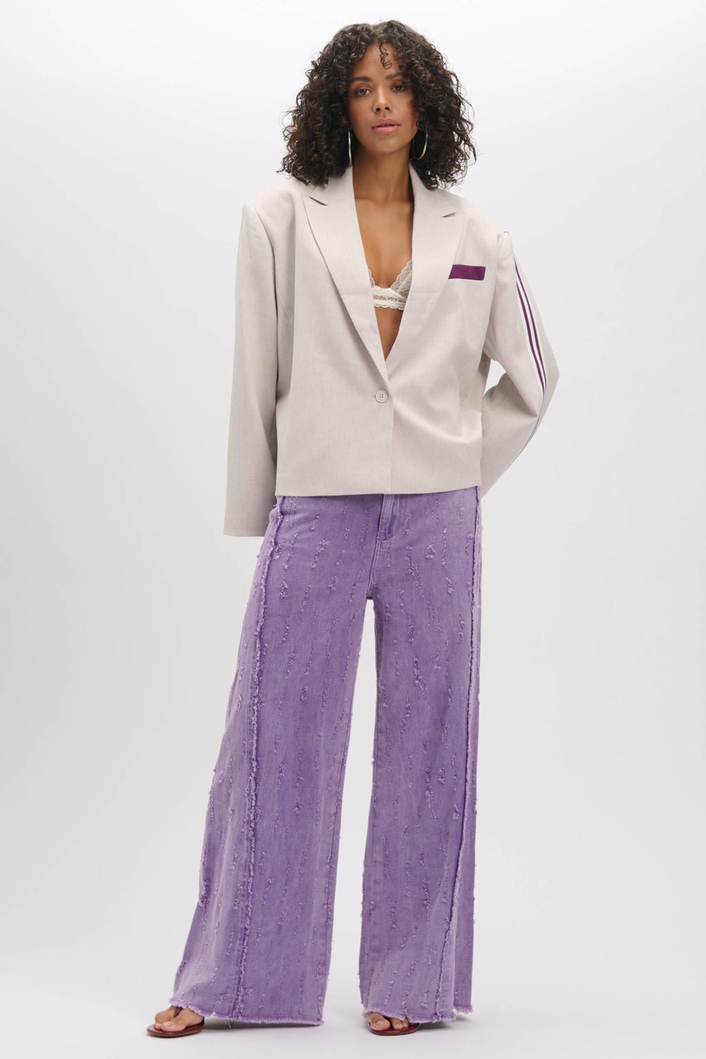 Paarse dames Refined Department wide leg jeans van denim met rits- en knoopsluiting en effen
