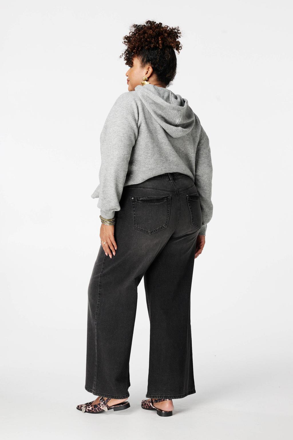 Zwarte dames MS Mode wide leg jeans van denim met rits- en knoopsluiting en effen
