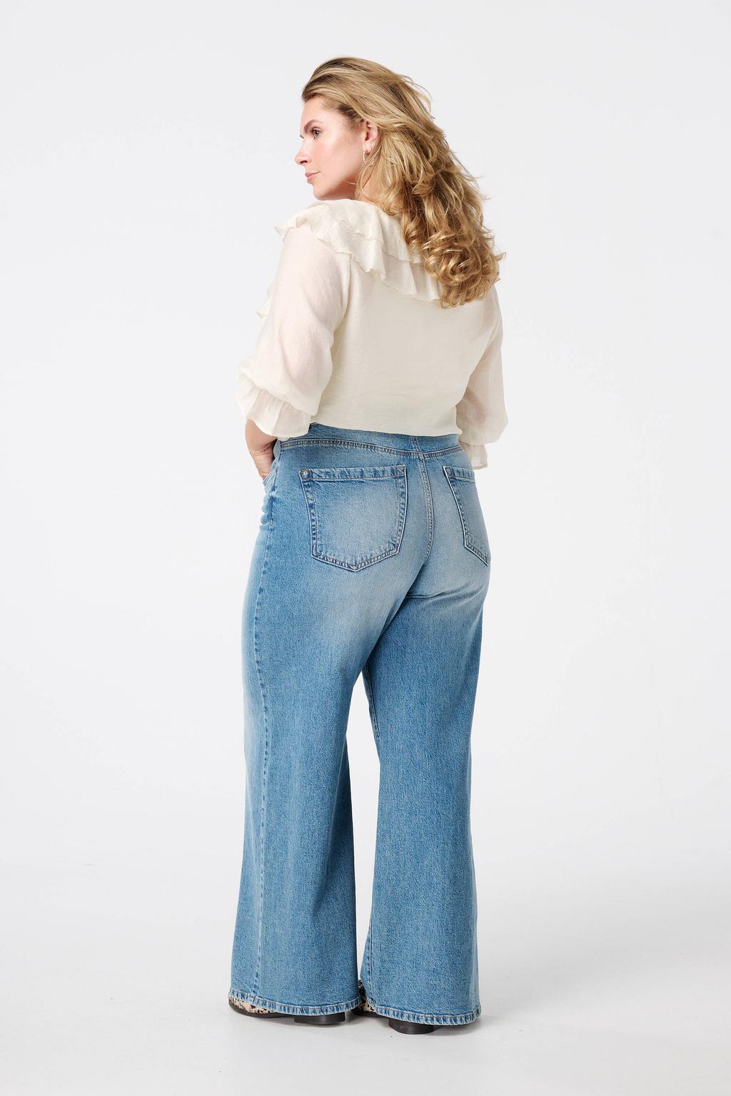 Light blue denim dames MS Mode wide leg jeans van denim met rits- en knoopsluiting en effen