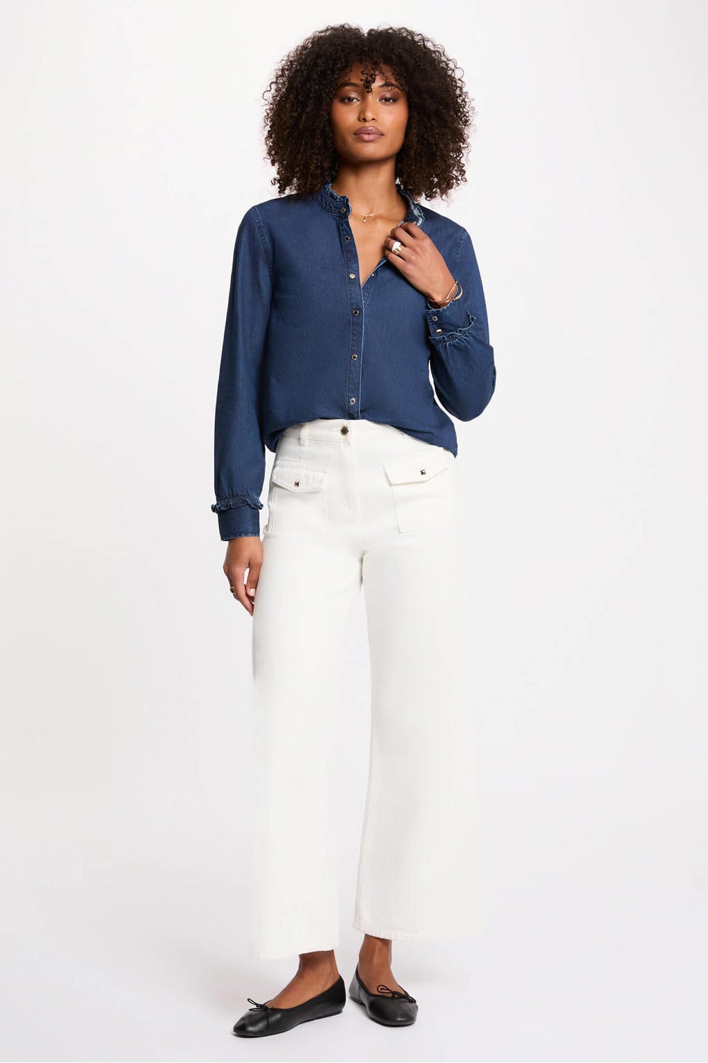 Dark blue denim dames Morgan blouse dark blue van denim met effen, lange mouwen, opstaande kraag en knoopsluiting