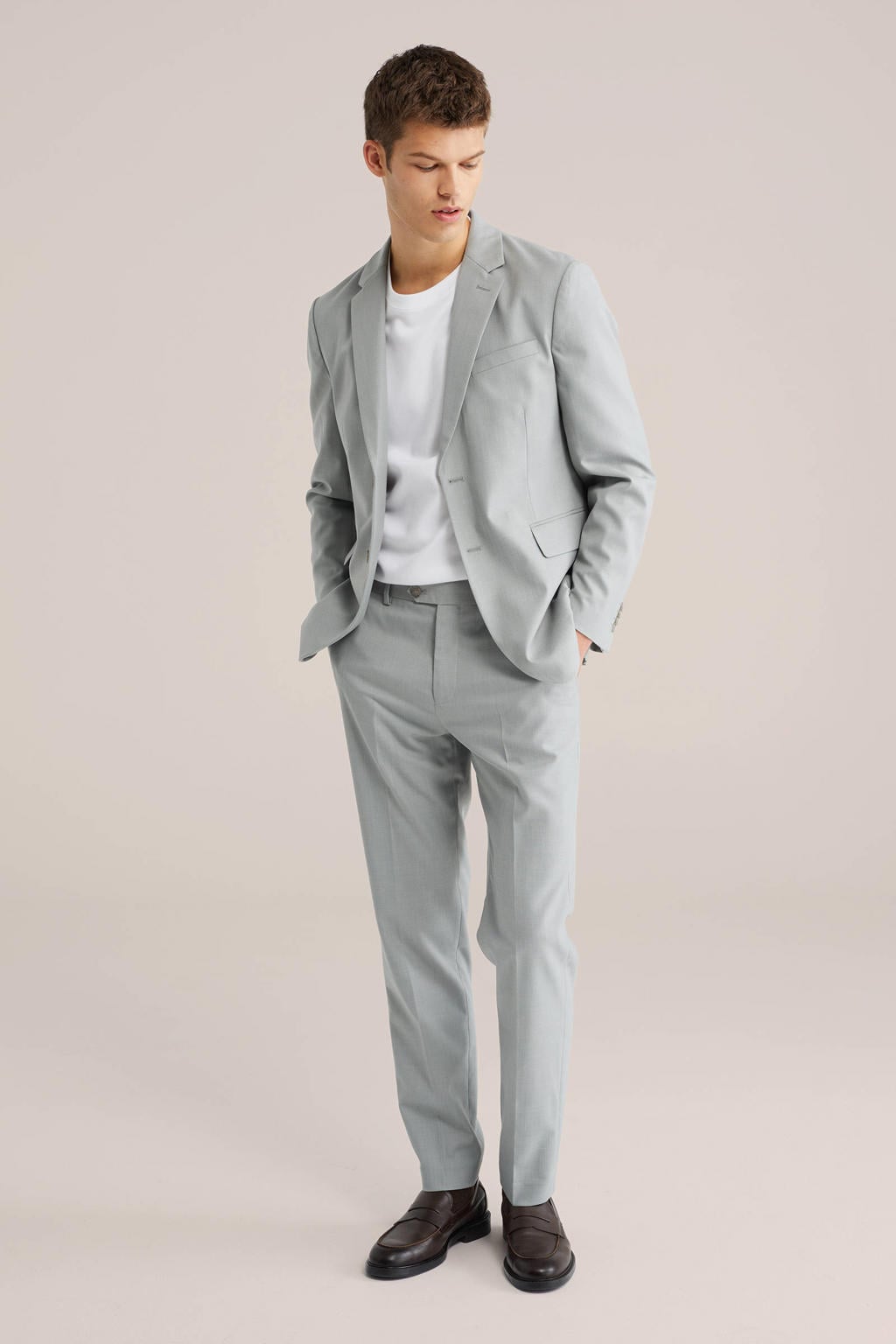 Grijsblauwe heren WE Fashion colbert blauw van polyester met effen, V-hals en knoopsluiting