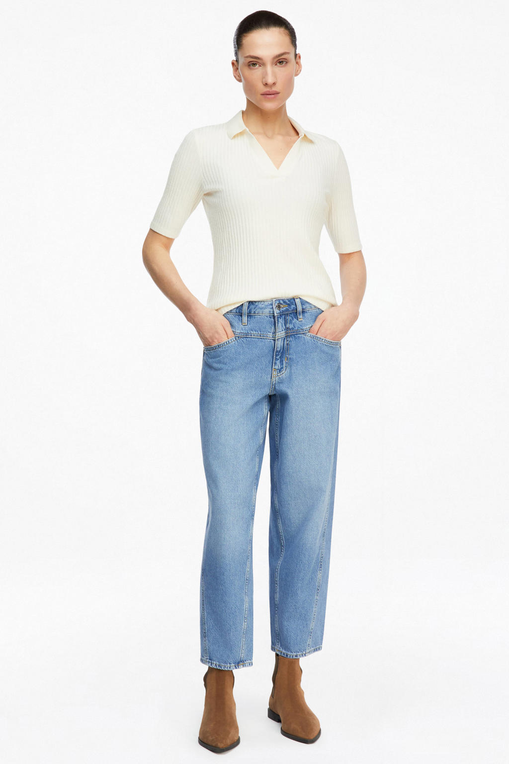 Medium blue denim dames comma barrel jeans van denim met regular waist, rits- en knoopsluiting en effen