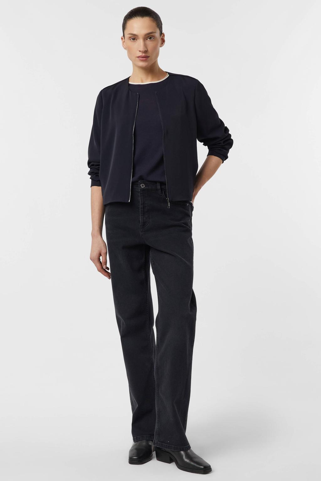 Marineblauw dames comma T-shirt blauw fijn gebreid van viscose met effen, korte mouwen, ronde hals en contrast bies