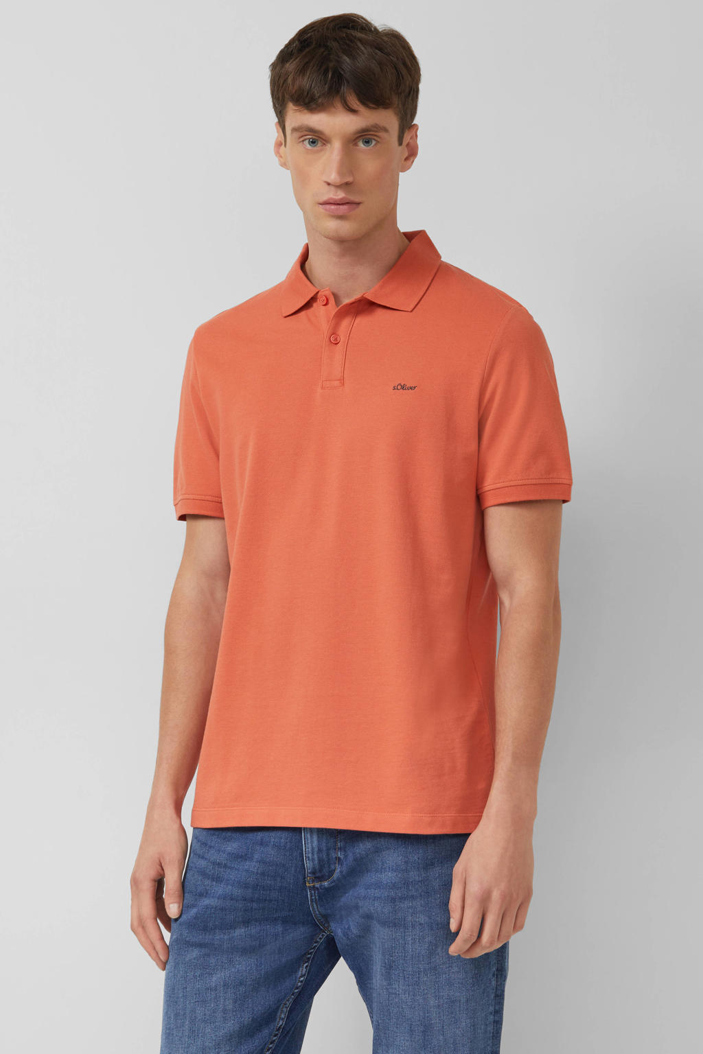 Oranje heren s.Oliver Big Size regular polo van katoen met effen en korte mouwen
