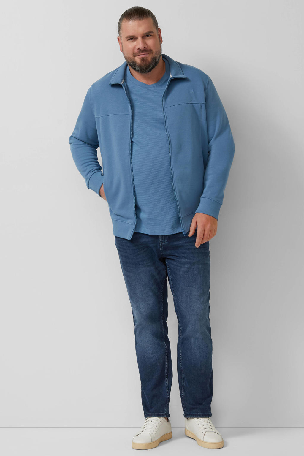 Turquoise heren s.Oliver Big Size regular T-shirt van katoen met effen, korte mouwen en ronde hals