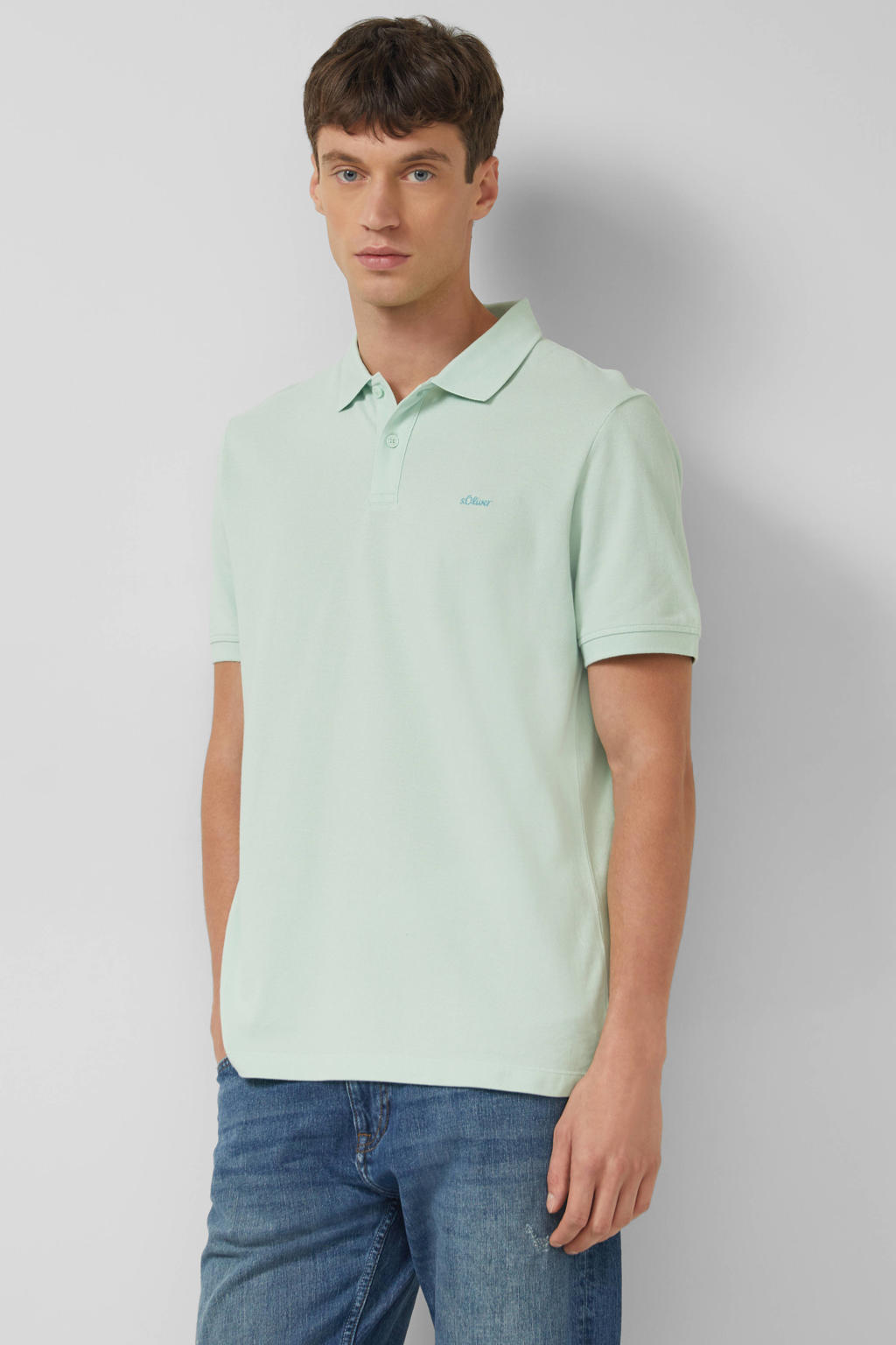 Groene heren s.Oliver Big Size regular polo van katoen met effen en korte mouwen