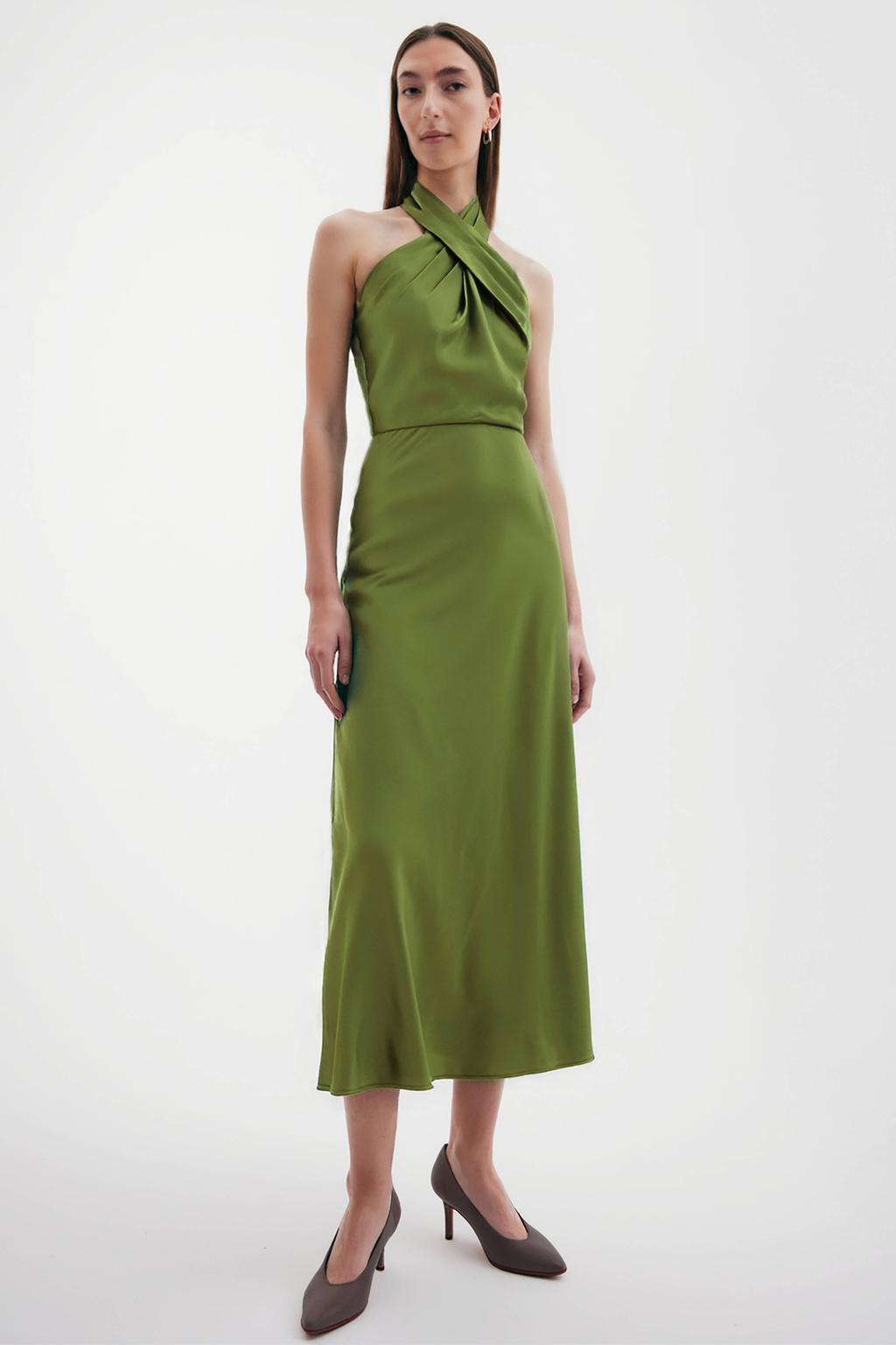 Olijfgroene dames comma halterjurk van polyester met effen en knoopsluiting