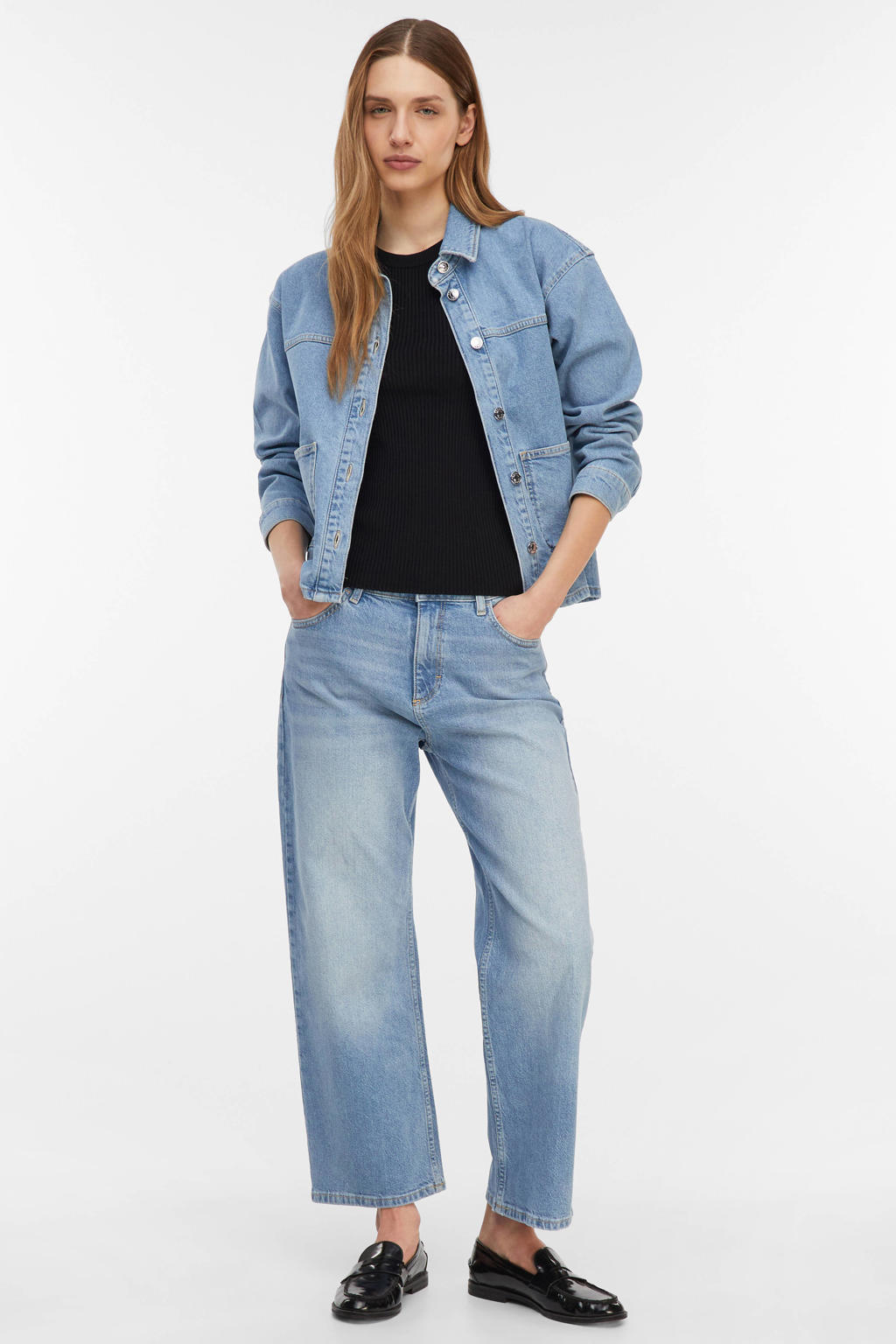 Medium blue denim dames comma wide leg jeans van denim met rits- en knoopsluiting en effen