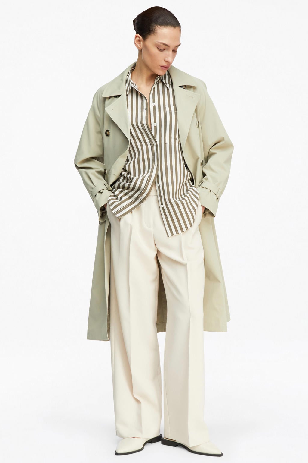 Bruine dames comma gestreepte blouse van viscose met lange mouwen, klassieke kraag en knoopsluiting
