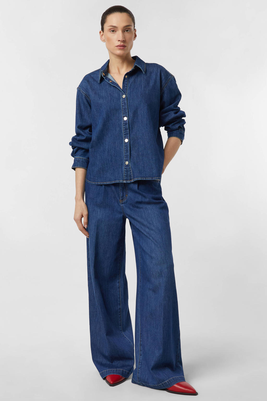 Dark blue denim dames comma blouse dark blue van denim met effen, lange mouwen, klassieke kraag en knoopsluiting
