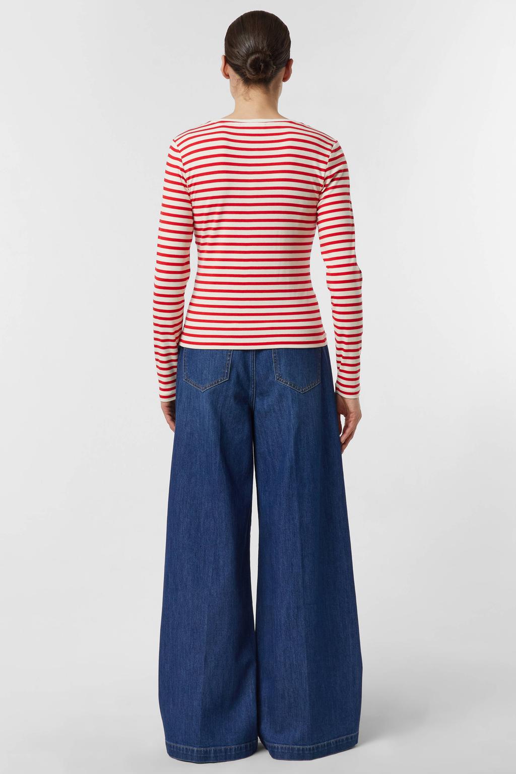 Rood en witte dames comma gestreepte top van viscose met lange mouwen, ronde hals en borduursels