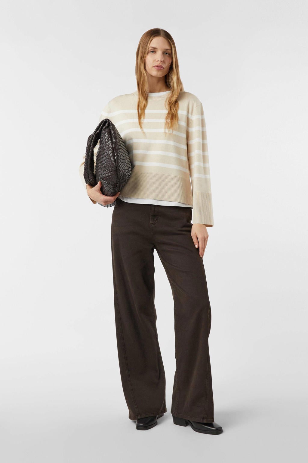 Beige dames comma gestreepte pullover van viscose met lange mouwen en ronde hals