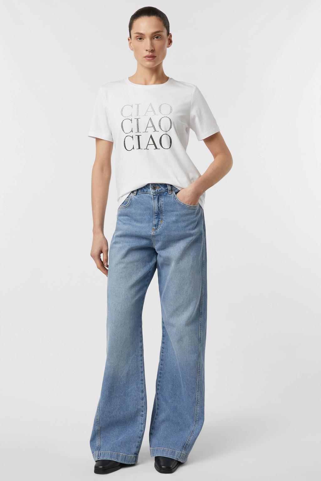 Wit en grijze dames comma T-shirt van katoen met tekst print, korte mouwen en ronde hals