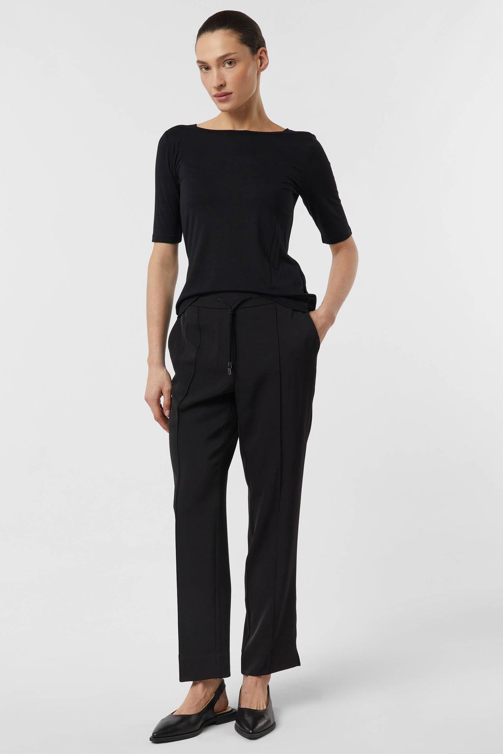 Zwarte dames comma straight regular waist casual broek van polyester met elastische tailleband met koord en effen