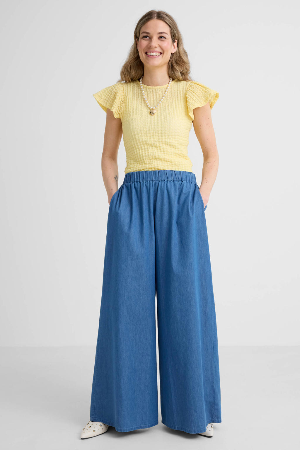 Lichtgele dames Anytime top en ruches van polyester met korte mouwen en ronde hals
