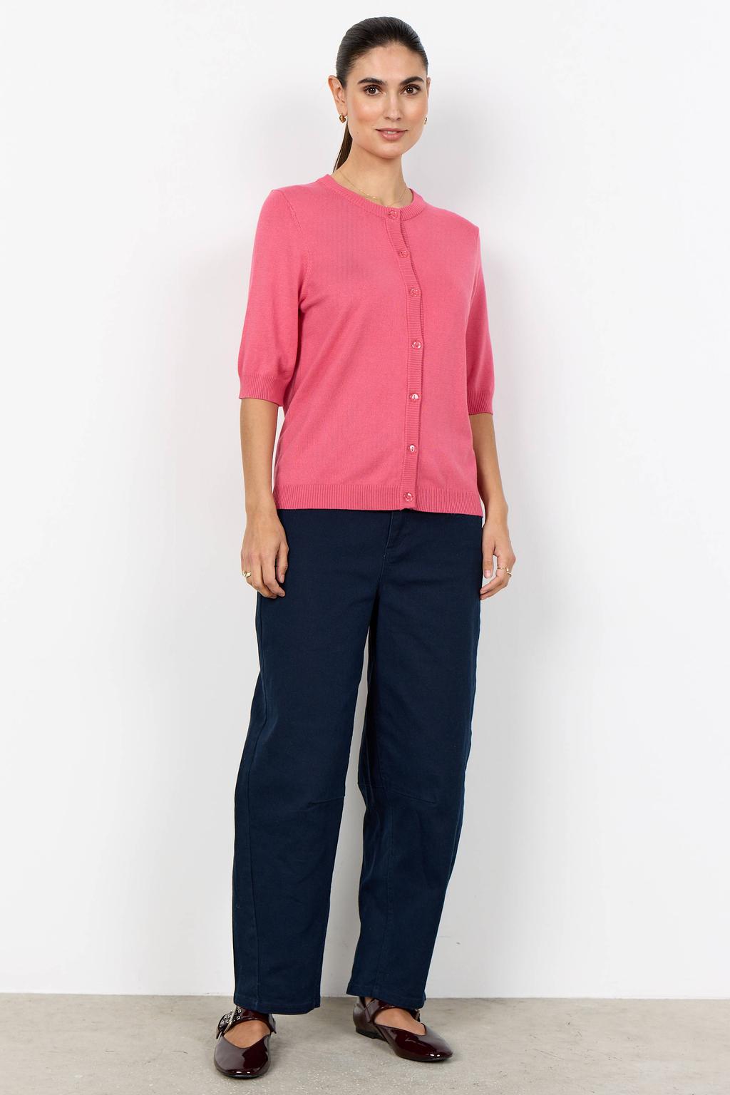 Roze dames Soyaconcept gebreid vest van viscose met effen, korte mouwen, ronde hals en knoopsluiting