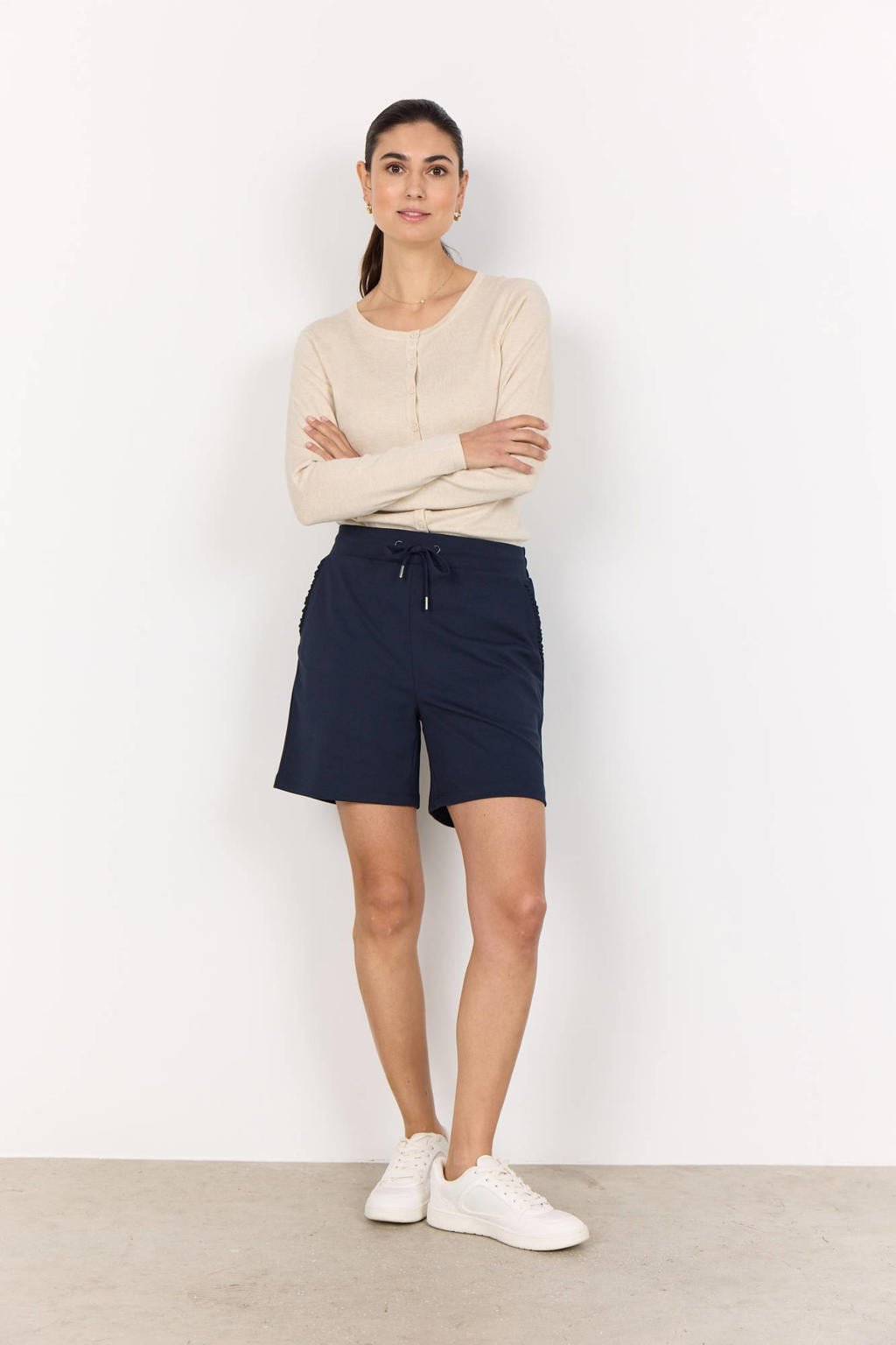 Donkerblauwe dames Soyaconcept straight high waist casual short van polyester met elastische tailleband met koord en effen