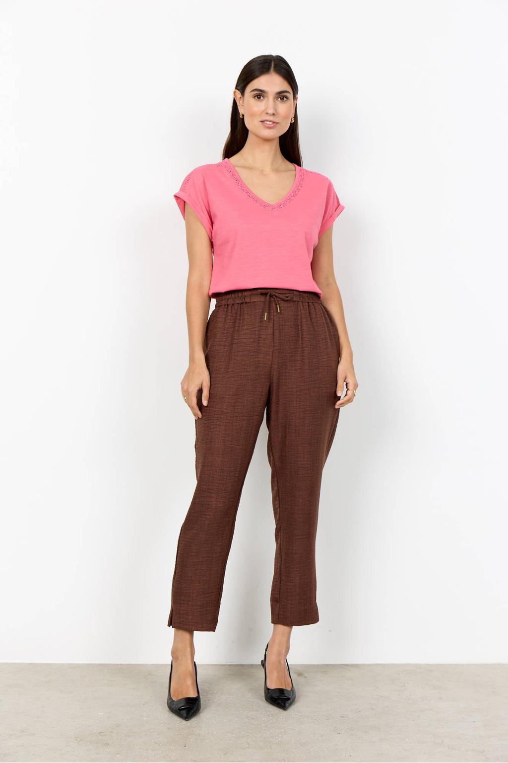 Bruine dames Soyaconcept straight regular waist broek van polyester met elastische tailleband met koord en effen