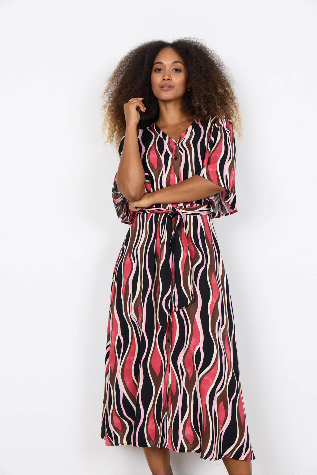 Multikleurige dames Soyaconcept midi jurk van viscose met korte mouwen, V-hals en knoopsluiting