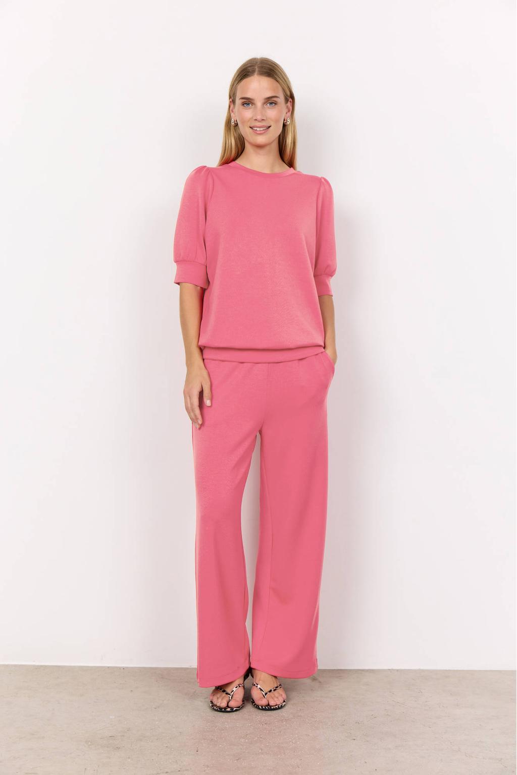 Roze dames Soyaconcept top van modal met effen, korte mouwen en ronde hals