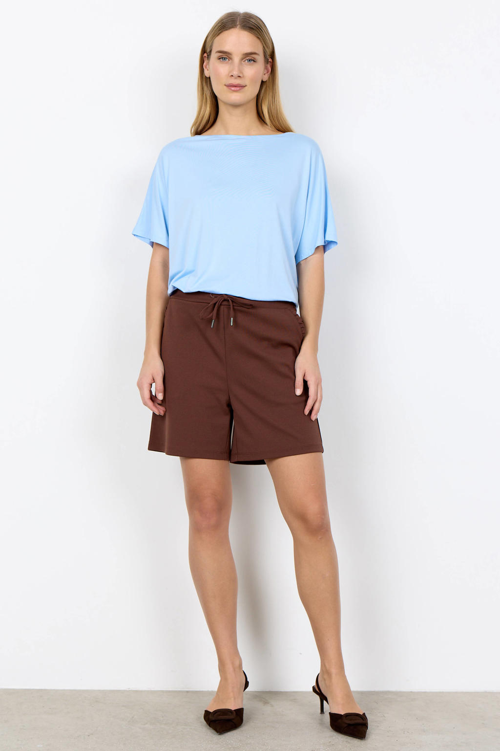 Lichtblauwe dames Soyaconcept straight high waist casual short van polyester met elastische tailleband met koord en effen