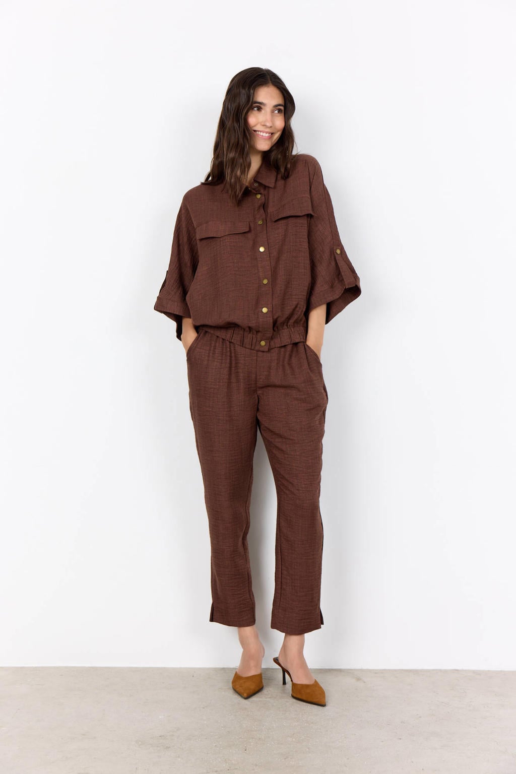 Bruine dames Soyaconcept blouse van polyester met effen, driekwart mouwen, klassieke kraag, knoopsluiting en elastische boord