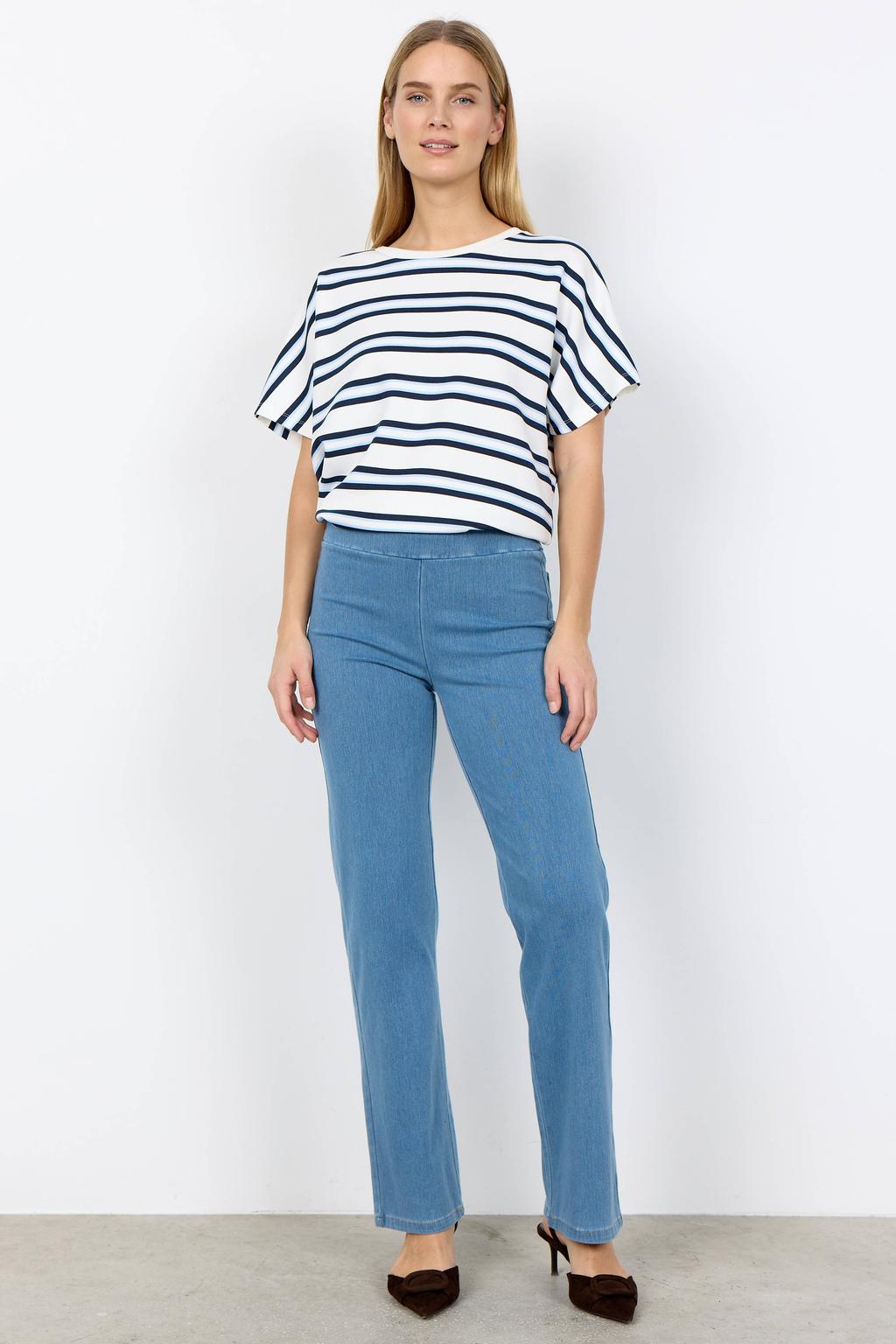 Donkerblauw en witte dames Soyaconcept gestreepte top van modal met korte mouwen en ronde hals