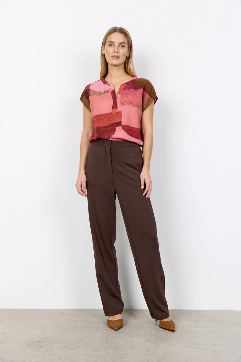 Roze dames Soyaconcept top van viscose met korte mouwen en V-hals