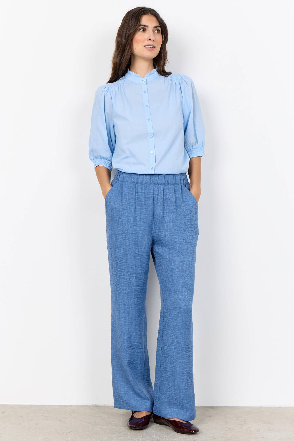 Blauwe dames Soyaconcept straight regular waist broek van polyester met elastische tailleband en effen