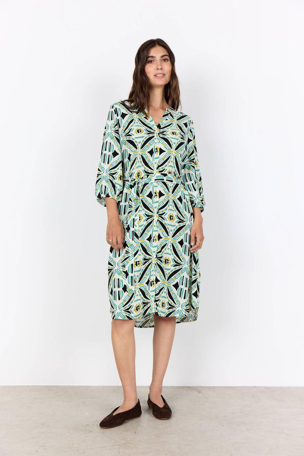 Groene dames Soyaconcept blousejurk van viscose met driekwart mouwen, V-hals, knoopsluiting en ceintuur