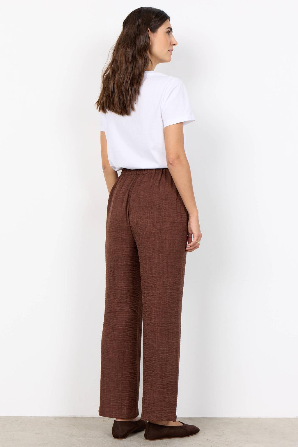 Bruine dames Soyaconcept straight regular waist broek van polyester met elastische tailleband en melée print