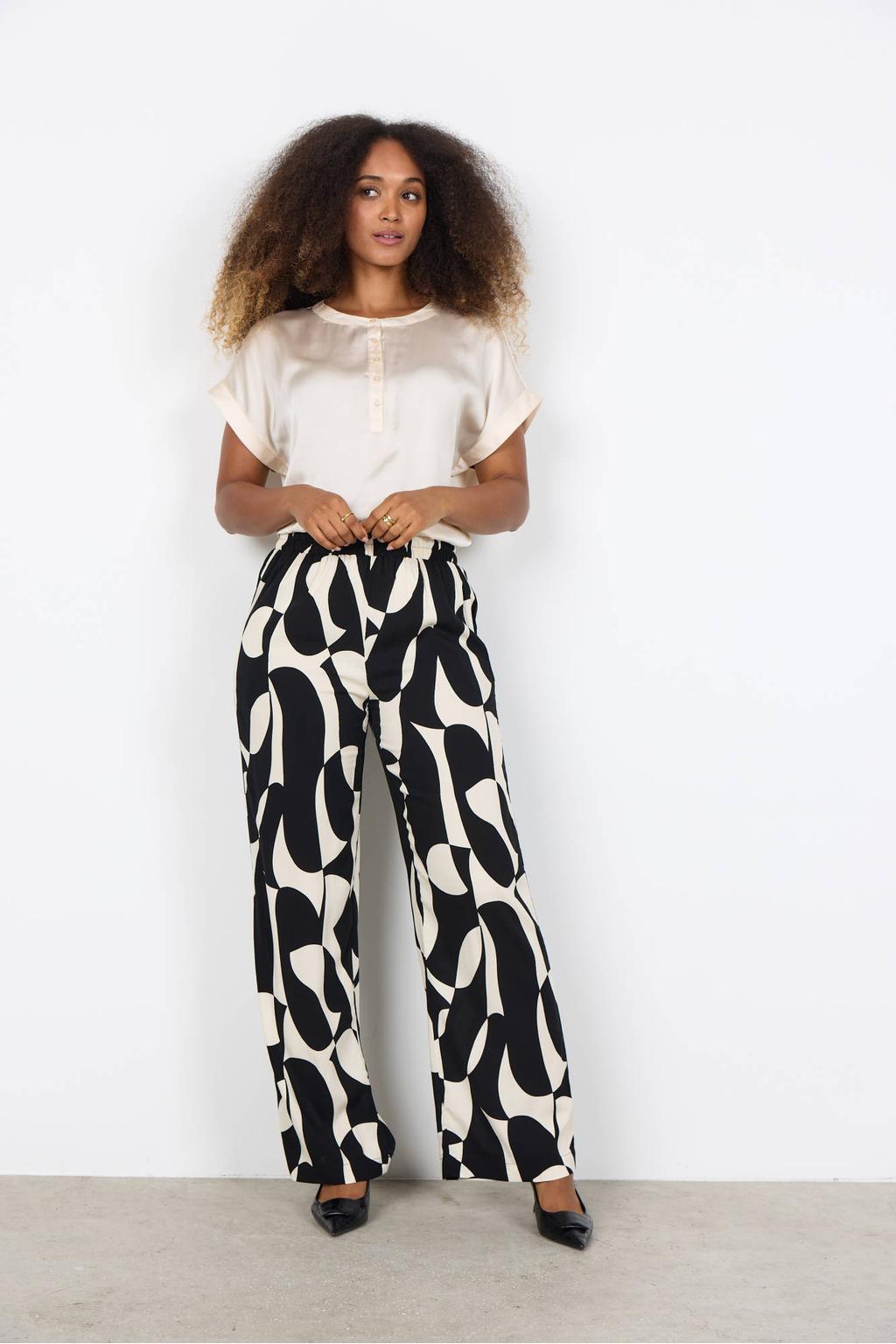 Zwart en witte dames Soyaconcept high waist casual broek van viscose met loose fit en elastische tailleband met koord