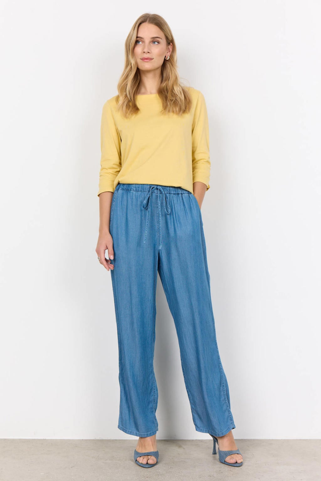 Blauwe dames Soyaconcept wide leg high waist casual broek van lyocell met elastische tailleband met koord en effen