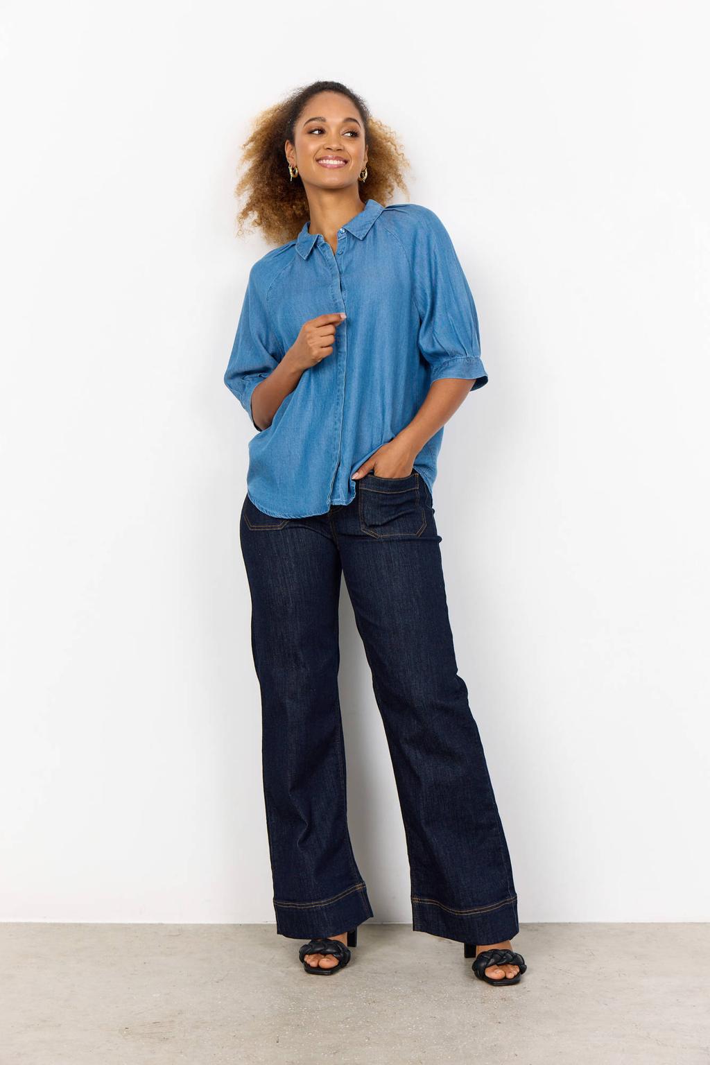 Blauwe dames Soyaconcept blouse van lyocell met effen, half lange mouwen, klassieke kraag en knoopsluiting