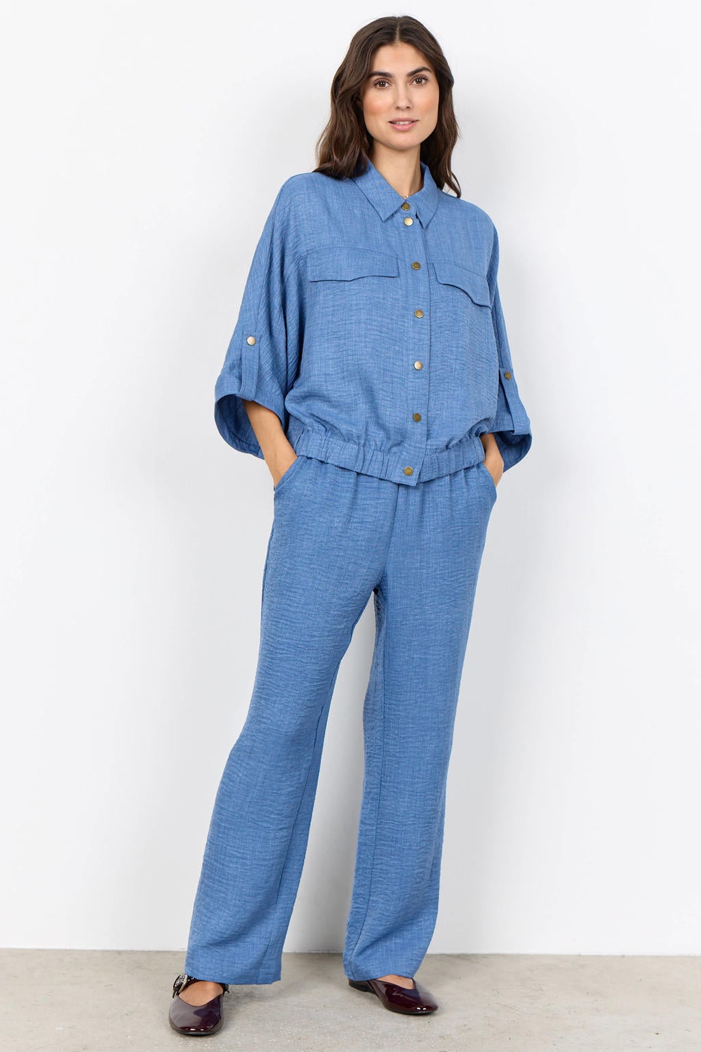 Blauwe dames Soyaconcept blouse van polyester met effen, driekwart mouwen, klassieke kraag, knoopsluiting en elastische boord