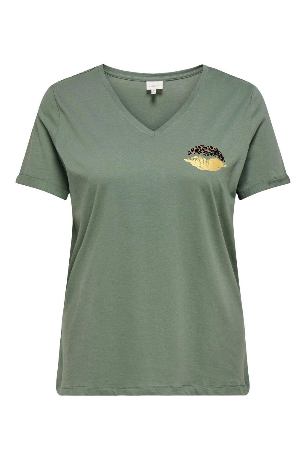 Groene dames ONLY CARMAKOMA T-shirt van katoen met printopdruk, korte mouwen en ronde hals