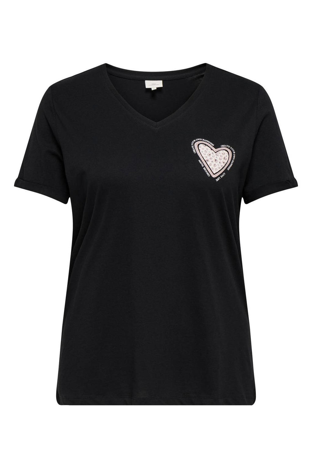 Zwarte dames ONLY CARMAKOMA T-shirt van katoen met printopdruk, korte mouwen en ronde hals