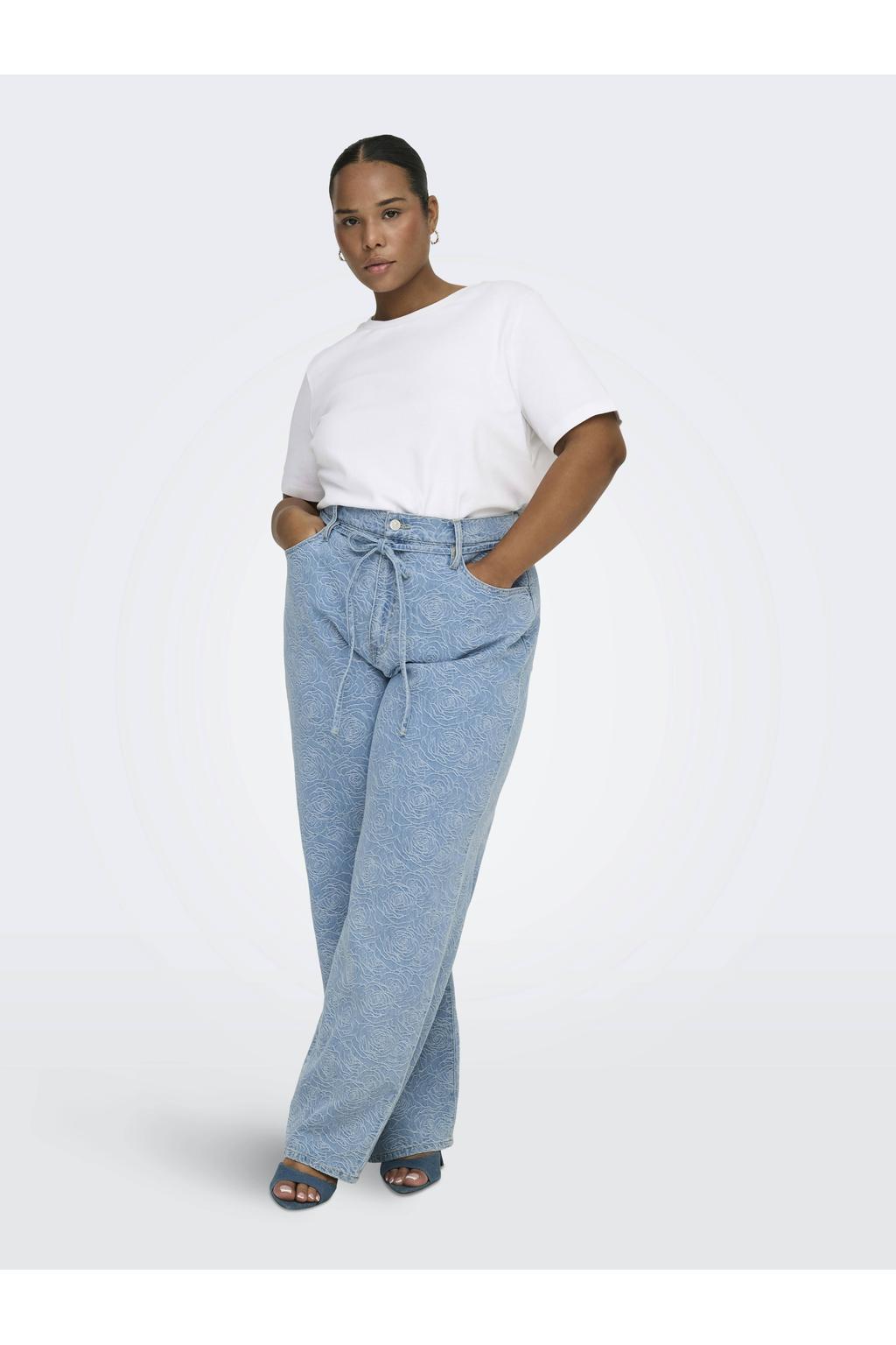 Light blue denim dames ONLY CARMAKOMA Cargianna Mw Straight Flower Dnm Bj straight leg jeans met rits- en knoopsluiting en effen