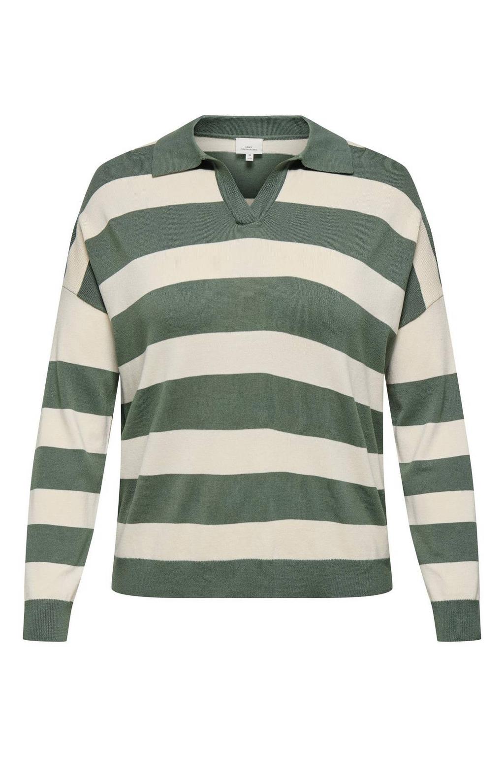 Groen en ecru dames ONLY CARMAKOMA gestreepte top gebreid van modal met lange mouwen en polo kraag