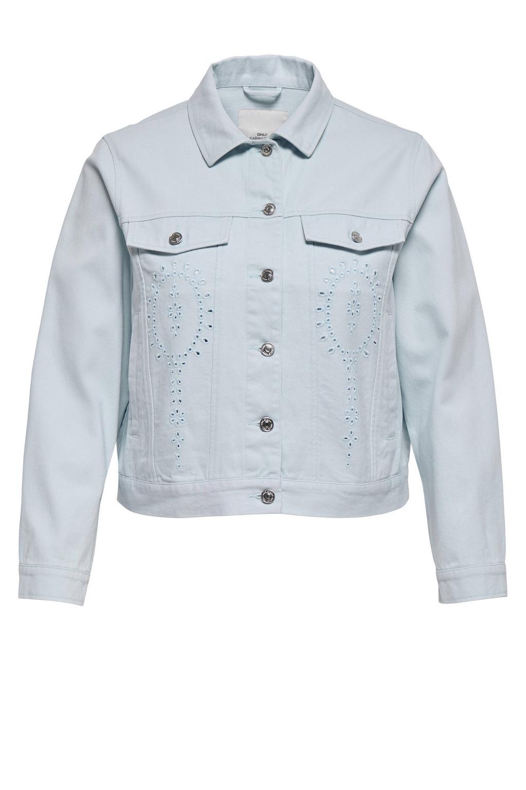 Lichtblauwe dames ONLY CARMAKOMA spijkerjas van denim met effen, lange mouwen, widespread hals, knoopsluiting en borduursels