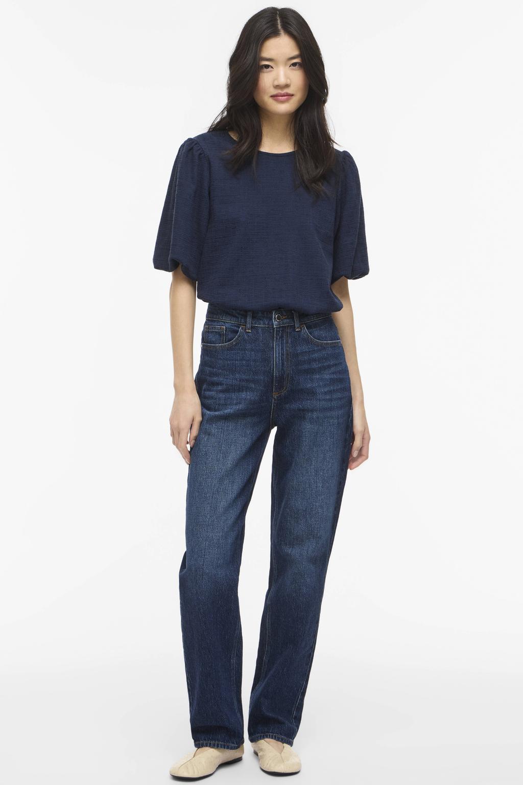 Marineblauw dames VILA top blauw met effen, half lange mouwen, ronde hals en textuur
