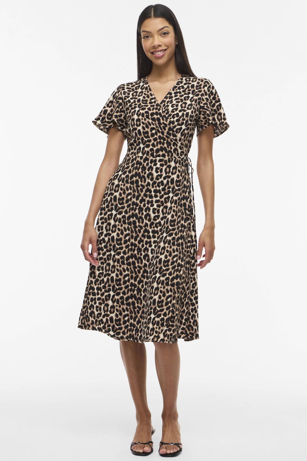 Lichtbruin en zwarte dames VILA jurk van polyester met panterprint, korte mouwen, overslagkraag, striksluiting en geweven detail